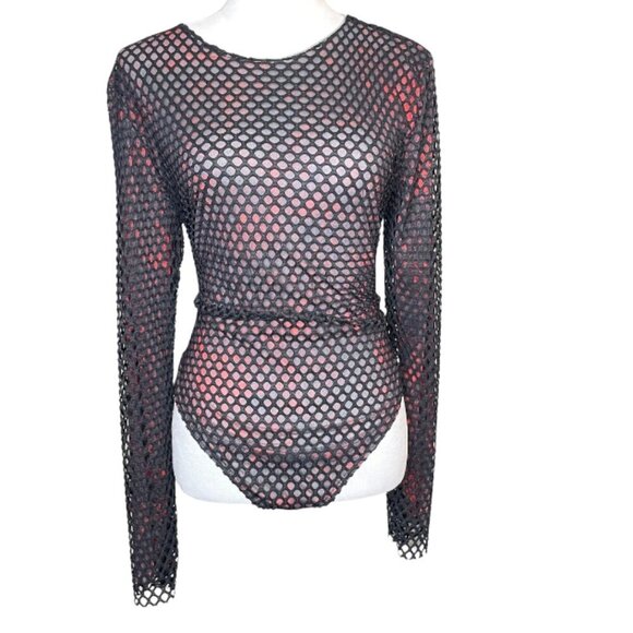 Fashion Nova Black Red Fishnet/Mesh Crew Neck Thong Snap Button Bodysuit XL - Picture 3 of 8